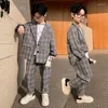 Conjuntos de roupas 2024 xadrez menino ternos formais vestido cinza crianças casamento smoking crianças uniforme escolar cavalheiro adolescente patry roupas