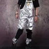 스테이지웨어 남자 스트리트웨어 힙합 펑크 실버 가죽 바지 획기 수트 팬츠 남성 여자 패션 캐주얼 턱받이 하렘 바지 의상
