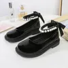 Herbst Mädchen Glänzende Leder Schuhe Kinder Prinzessin Zurück Bowknot Perlen Einzelnen Schuhe Kind Schule Solid Black Dance Mary Janes 240129