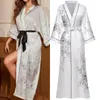 Dames nachtkleding Dames lang gewaad Nachtjapon Lente zomer Satijnen nachthemd Print Bloem Halve mouw Kimono Badjas Jurk Los huiskleding