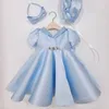 Kız Elbiseler Doğdu Kız Kız Bebek Prenses Prom Elbise Mavi Satin Çocuklar Vaftiz İçin 1. Doğum Günü Düğün Nedime Bebek Vestidos