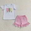 Kläder sätter grossistflicka pojke sommar kort ärmar outfit broderi bomull kyckling skjorta tee barn randiga shorts barn matchande