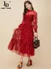 Casual Dresses Ld Linda Della Runway Designer Summer Dress Mesh Lantern Sleeve Lace Ruffle Trim-Hem High midje Big Swing Red Party Long Long