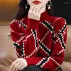 Pulls pour femmes 2024 Vintage Femme Vêtements Argyle Imprimé Mode Géométrique Épissé Automne Hiver Tout-Match Demi Col Haut Pulls