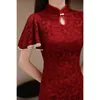 Roupas étnicas Vermelho Verão Cheongsam Mulheres Lace Slim Estilo Chinês Noite Vestido de Festa 2024 Qipao para Mulheres