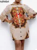 Robes décontractées VONDA Bohemian Plaid Shirt Robe Femmes 2024 Automne Longue Lanterne Manches Élégant Imprimé Sundress Revers Lâche Mini Robes