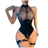 Bras Sets Porn Sexy Lingerie Bodysuit Women Underwear PU Leather Mesh Zipper Erotic Sensual Woman Latex Body Exotic Costumes