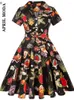 Party Dresses 2024 Summer Cotton Vintage Midi Dress Short Sleeve 4XL Robe Femme Swing 1950s Retro Floral Print Green Rockabilly