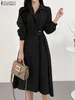 Casual Dresses ZANZEA Stylish Work OL Sundress Autumn Elegant Women's Dress Belted Lapel Long Sleeve Solid Color Vestidos Female Kaftan