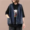 Kvinnors västar Spring Autumn Vest Korean Loose Casual Print Hooded Waistcoat Pocket Sleeveless Denim Jacket Kvinna