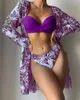 Mulheres Swimwear Bikini Mulheres Swimsuit 2024 com Cobertura Up 3 Peça Set Floral Twist Push Top Bottom Manga Longa Beach Dress