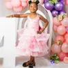 Light Pink African Flower Girl Dresses for Wedding Ankle Length Spaghetti Straps Tiered Tulle Rehinestones Birthday Party Dresses for Little Girls Gowns NF085