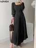 Casual Dresses Elegant Long Lantern Sleeve Dress Vonda 2024 Fashion Women Sexig fyrkantig krage Pleated Belted Solid Maxi Robe Femme