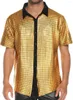 メンズカジュアルシャツ70年代ディスコメタリックスパンコール半袖ボタンダウンクリスマスパーティーナイトクラブプロムコスチューム