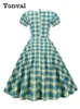 Vestidos de festa Tonval Penter-Pan Collar Botão Frente Verde Xadrez Rockabilly Vintage para Mulheres Cintura Alta Elegante Vestido A-Line