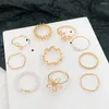 Cluster Rings Boho Gold Color 10st Set For Women Vintage Geometric Flowers Pearl Tree Branch Finger Ring Women's 2024 Trendy Jewelry