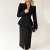 Kvinnor blazerklänning i eleganta ruffles delar fast färg långärmad slits slit slappkontor lady kjol set 240202