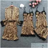 Indumenti da notte da donna Stampa leopardata da donna Pigiama da donna sexy Set Pigiama in raso di seta Abbigliamento da casa Ricamo Salotto da notte Pigiama da notte Dhru3