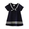 Abiti per ragazza 2024 Estate 2 3 4 5 6 8 10 anni Bambini Navy Stile militare Pincess Manica corta Patchwork Vestito per bambini piccoli per neonate