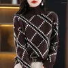 Pulls pour femmes 2024 Vintage Femme Vêtements Argyle Imprimé Mode Géométrique Épissé Automne Hiver Tout-Match Demi Col Haut Pulls