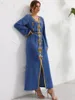 Robes décontractées Robe de fête de fête pour femmes luxe cousu à la main or col en V robe de diamant arabe Oman Dubaï marocain ceinturé caftan