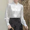 Kadın bluzları qoerlin bahar sonbahar Çin tarzı ipek beyaz gömlek kadın stant yakalı uzun kollu ince uyumlu gündelik üst bluz kadın