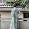 Etnische kleding Verbeterde moderne groene opstaande kraag Bamboe bedrukte kanten mouwen Cheongsam-jurk Dames Herfststijl Avond Qipao