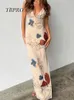 Casual Dresses Elegant Print Low-cut Sleeveless Suspended Dress Women Backless V-neck Slim Long 2024 High Waist Split Party