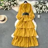 Casual Dresses Clothland Women Elegant Chiffon Ball Gown Dress Belt Long Sleeve One Piece Female Retro Maxi Vestido Mujer QD382