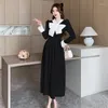 Casual Dresses Stylish Elegant Bowtie Knit Long Dress Women 2024 Spring Autumn Sleeve Fashion Chic Ladies A-line Vestidos Mujer