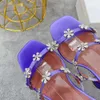 Högklackade sandaler Kvinnors strassblommor dekoration Silk Snap Buckle Square Head High Heels Designer 10cm Röd Purple Party Designer Kvinnor Sandaler