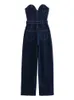 Frauen Schulterfrei Denim-Overall mit Gürtel ärmellos rückenfrei Reißverschluss gerade lange Overalls Sommermode Strampler Streetwear 240202