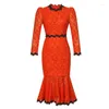 Vestidos casuais 2024 primavera elegante vintage midi para mulheres preto laço bordado flor bolha manga fishtail robe festa data vestidos