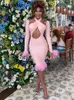 Casual Jurken Hawthaw Vrouwen Sexy Lange Mouw Party Club Bodycon Streetwear Roze Midi-jurk 2024 Herfst Kleding Groothandel Artikelen Voor Business