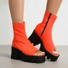 Sandálias Gótico Brilhante Roxo Laranja Stretch Tecido Peep Toe Mulheres Botas de Verão Zip Back Platform Chunky High Heels Mulher