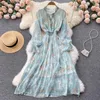 Casual Dresses French Sweet Floral Dress Female Elastic Ruched A-Line Chiffon Bohemian Print Vacation Long Autumn