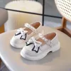 Autumn Girls Leather Shoes Black Beige Kid Princess Mary Janes Elegant Bowknot Pearl Hook-Loop Stylish Children Chunky Shoes 240122