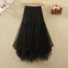 스커트 Tigena Tutu Tulle Long Skirt for Women 2024 여름 한국 패션 불규칙성 밑단 하이 허리 주름 메쉬 미디 여성 핑크