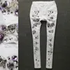 Embroidered Flares Jeans Woman Fashionable White Hole Ripped Stretch Pencil Pants Diamond Casual Denim Trouser Female 240129