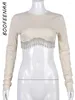 Magliette da donna BOOFEENAA Catena con strass Frange Sexy Crop Top Donna Solid Costine Maglia a maniche lunghe Stile francese Abbigliamento C82-CH23