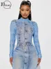 Sukienki swobodne blue dżinsowy druk Długowy klub imprezowy dla kobiet 2024 Fall Rleeve Bodycon Maxi Fashion Graphic Y2K