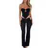 Women's Two Piece Pants Women S Lace Mesh 2Pcs Outfits Off Shoulder Metal Ring Corset Tube Tops With Mid-Rise Flare Leggings Set Streetwear