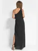 Casual Dresses Solid Color One Shoulder Split Long Dress Sleeveless Diagonal Collar Patchwork Vestidos Loose Fashion Elegant Robe 2024