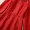 21066 XXL 2024 Vestido de pasarela Primavera Verano Vestido Cuello redondo Cuentas con paneles Negro Rojo Manga larga Marca Mismo estilo Vestido para mujer Moda Alta calidad SH