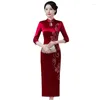 Ethnic Clothing Sexy Female Long Qipao Slim Half Sleeve Cheongsam Dress Chinese Style Burgundy Print Flower Mandarin Collar Vestidos 3XL 4XL
