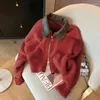 Damen-Strickpullover mit gespleißtem Lederkragen, modischer Doppelreißverschluss-Strickjacke, Herbst/Winter, weiche Vintage-Langarm-Streetwear