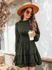 Casual Dresses Dark Green Leopard Tiered Flounce Mini Dress For Women Sexy Mock Neck Long Sleeve Party 2024 Spring Autumn Female