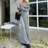 カジュアルドレスBiikpiik Slash NeckNit Long Desses Scise Grey Full Sleeve Lady Dress Elegant Sexy Slim Fit Autumn Winter Warm Outfits