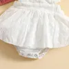 Macacão bordado floral bebê meninas verão macacão vestido sólido branco plissado sem mangas playsuit com bandana sem costas vestido de verão