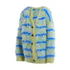 Women's Knits Blue Sweet Striped Cardigan Women Knit Coat Loose Long Sleeve Top Warm Soft Mohair High Street Korean Fashion Autumn Winter